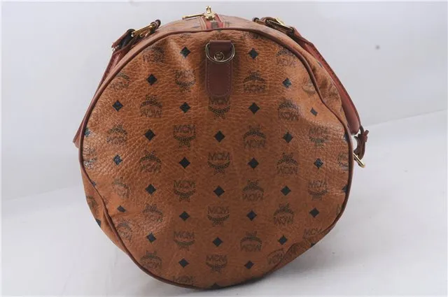 Authentic MCM Visetos Leather Vintage Travel Boston Bag Brown 4525D
