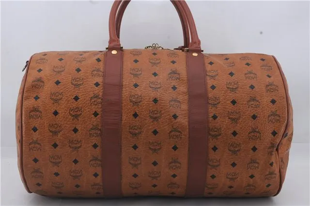 Authentic MCM Visetos Leather Vintage Travel Boston Bag Brown 4525D