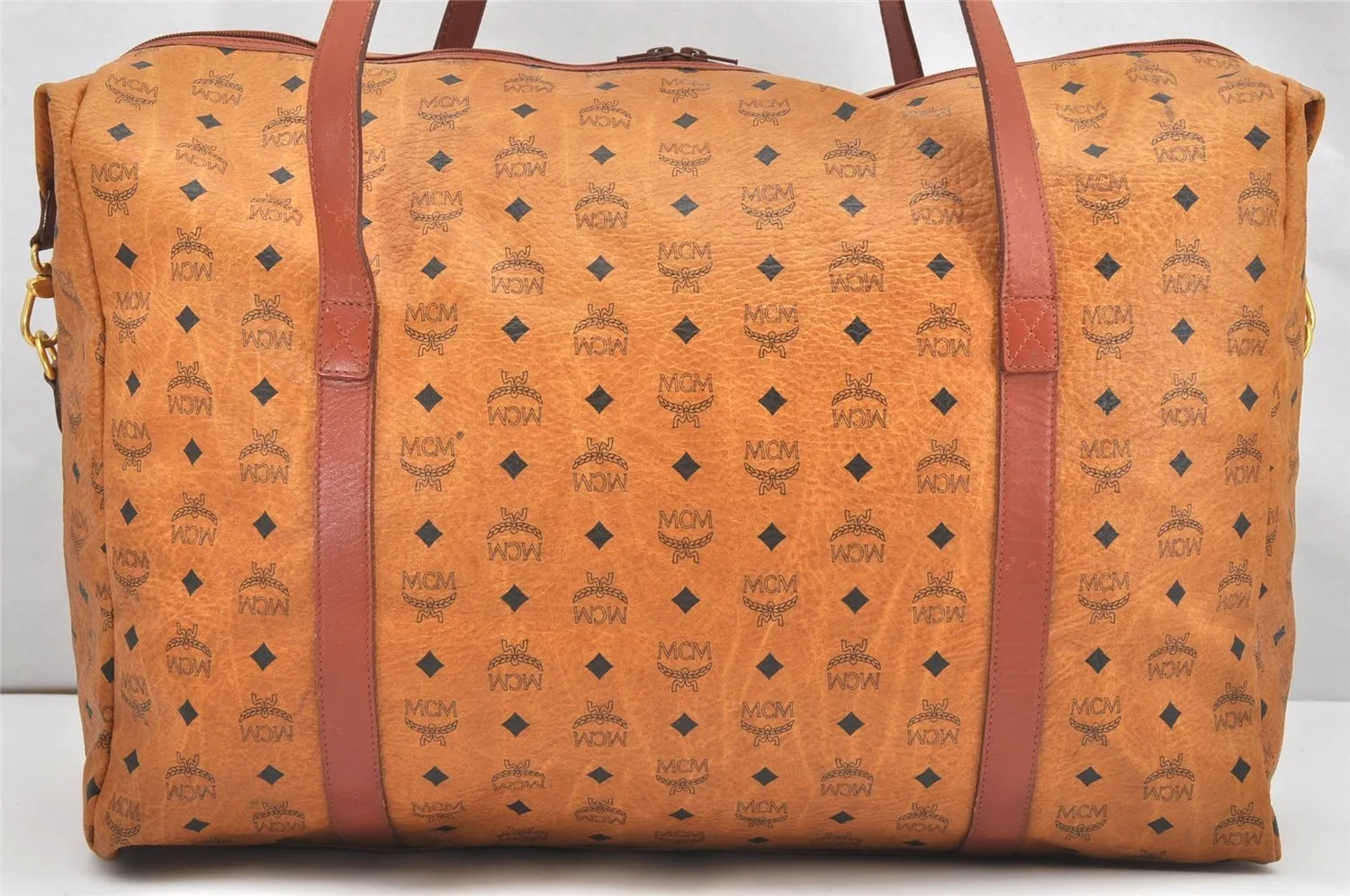 Authentic MCM Visetos Leather Vintage Travel Boston Bag Brown 5973K