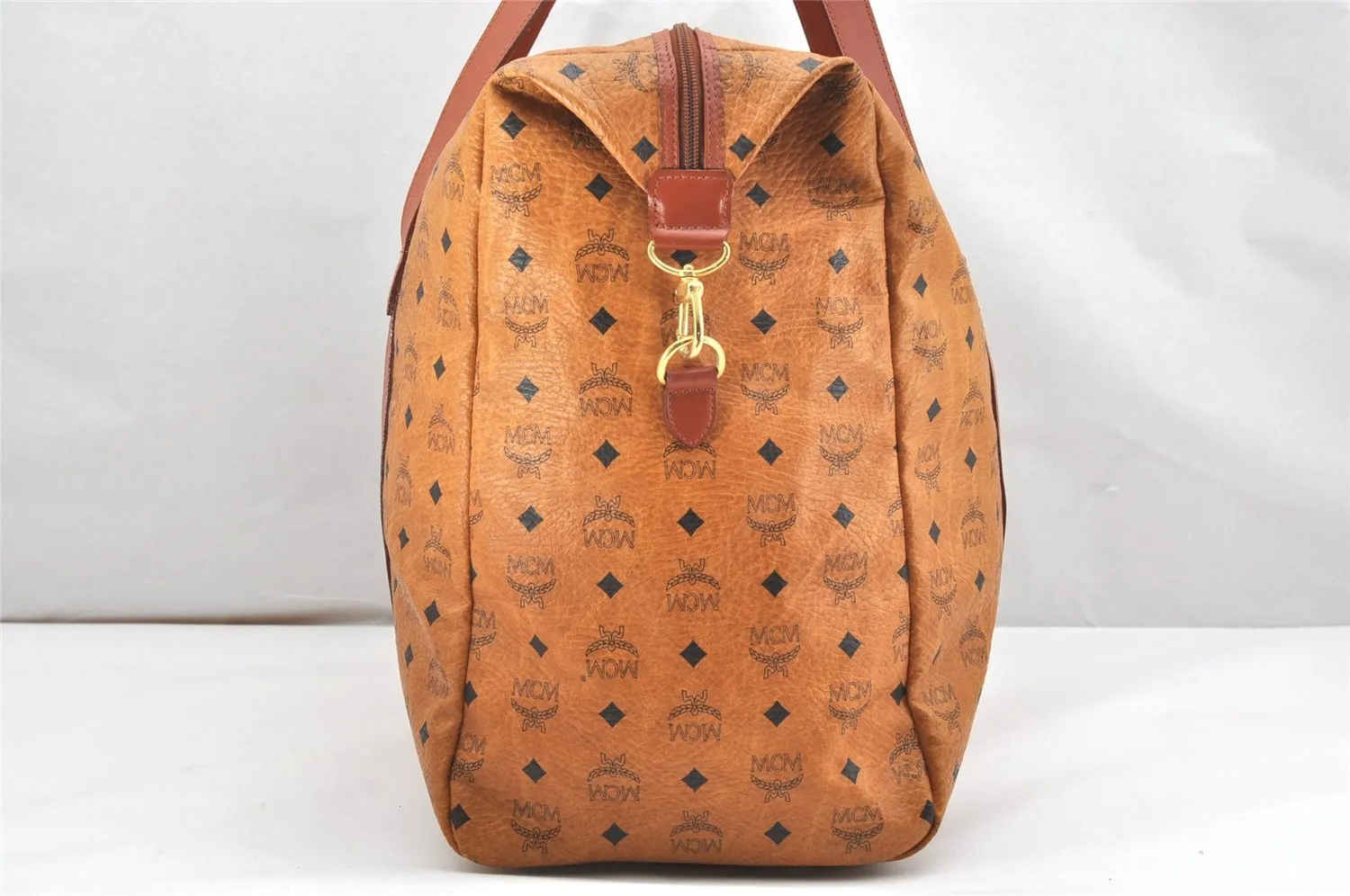 Authentic MCM Visetos Leather Vintage Travel Boston Bag Brown 5973K