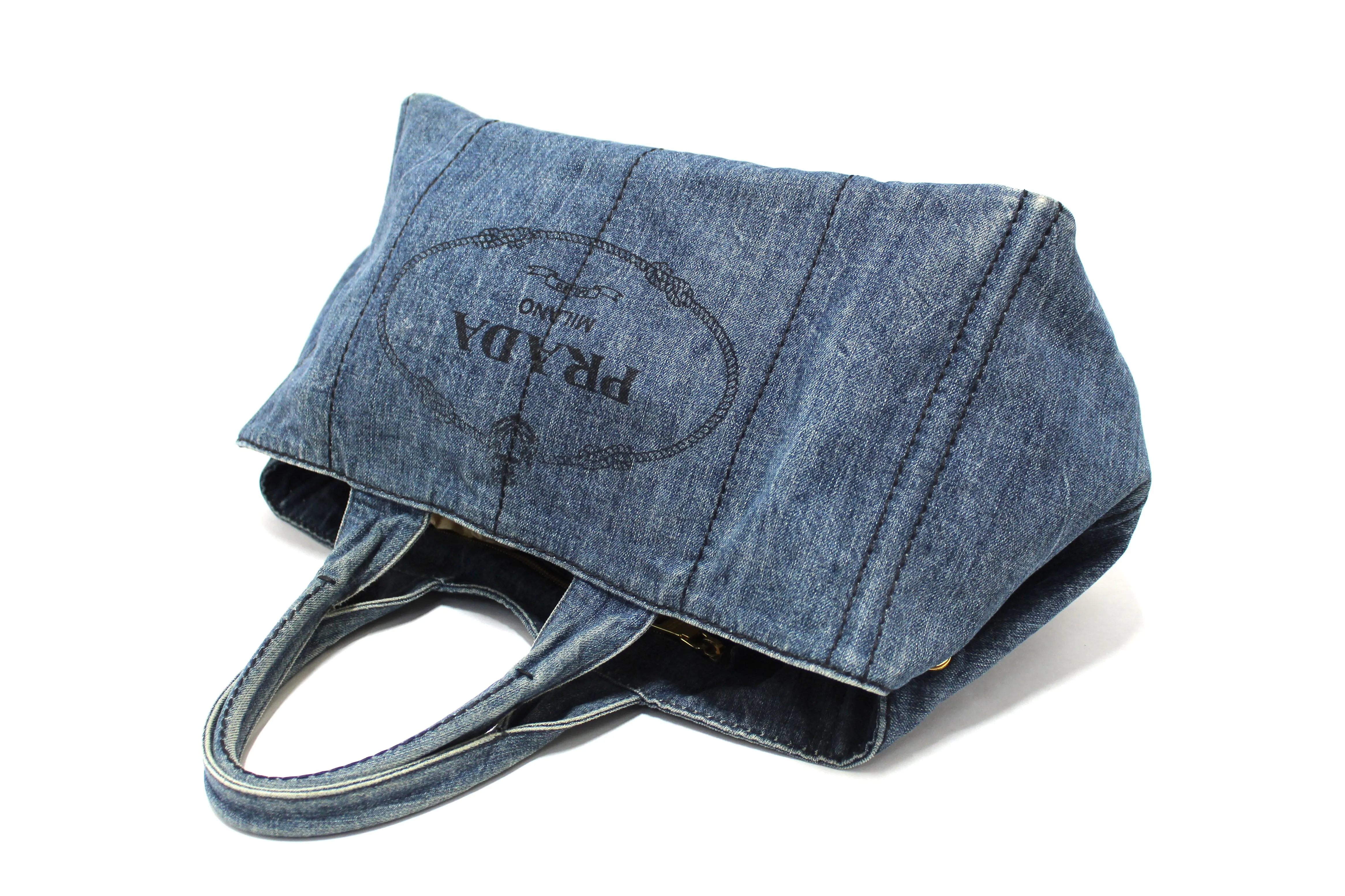 Authentic Prada Blue Large Canapa Denim Tote Handbag