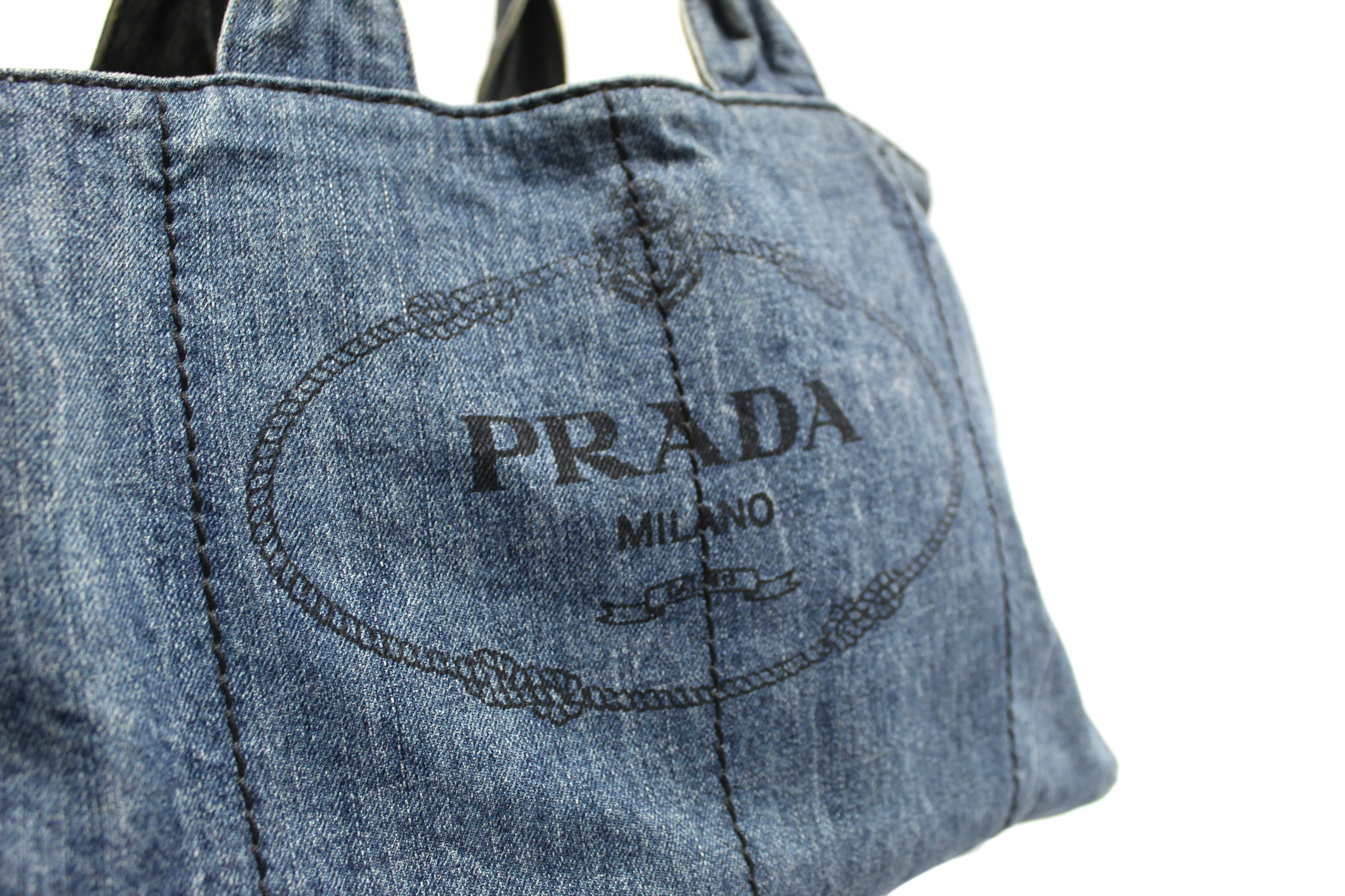 Authentic Prada Blue Large Canapa Denim Tote Handbag
