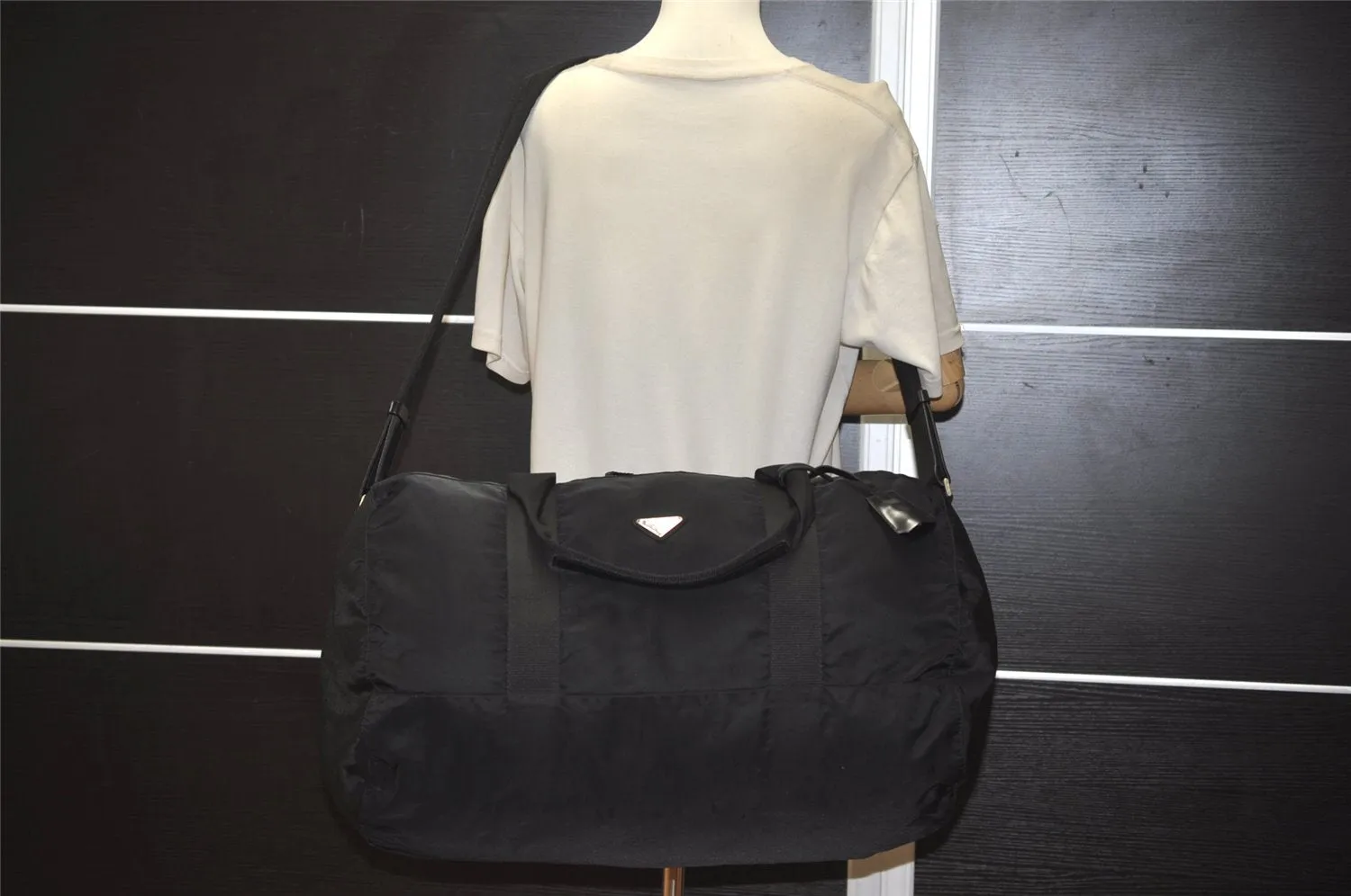 Authentic PRADA Vintage Nylon Leather 2Way Travel Boston Bag Black 1540K