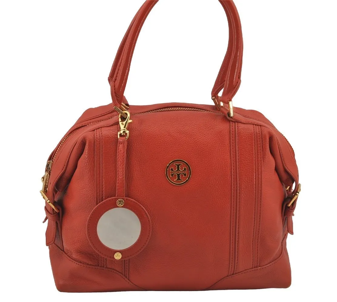 Authentic TORY BURCH Vintage Robinson Hand Boston Bag Leather Orange 6477J