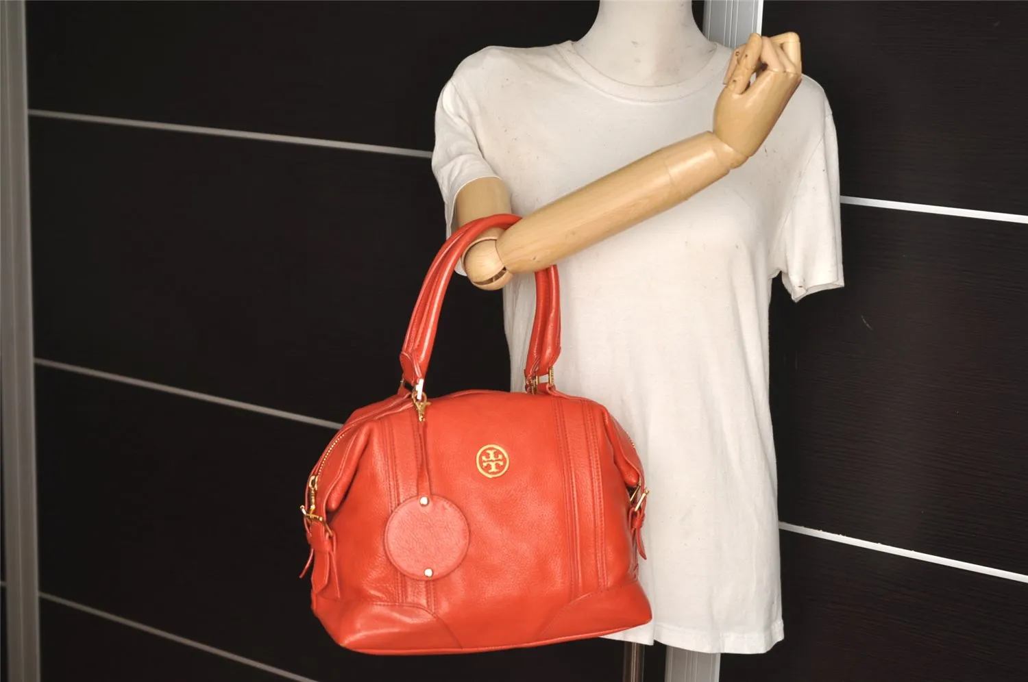 Authentic TORY BURCH Vintage Robinson Hand Boston Bag Leather Orange 6477J