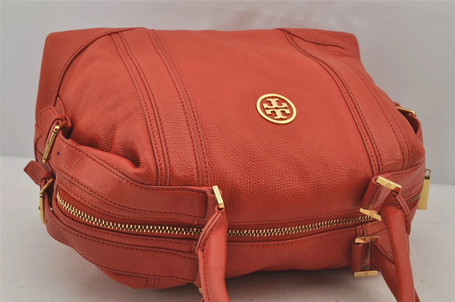 Authentic TORY BURCH Vintage Robinson Hand Boston Bag Leather Orange 6477J