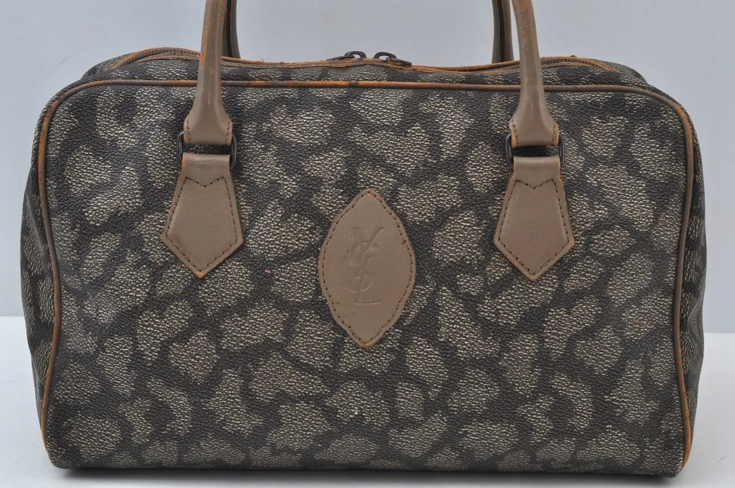 Authentic YVES SAINT LAURENT Vintage Hand Boston Bag PVC Leather Gray 3759I
