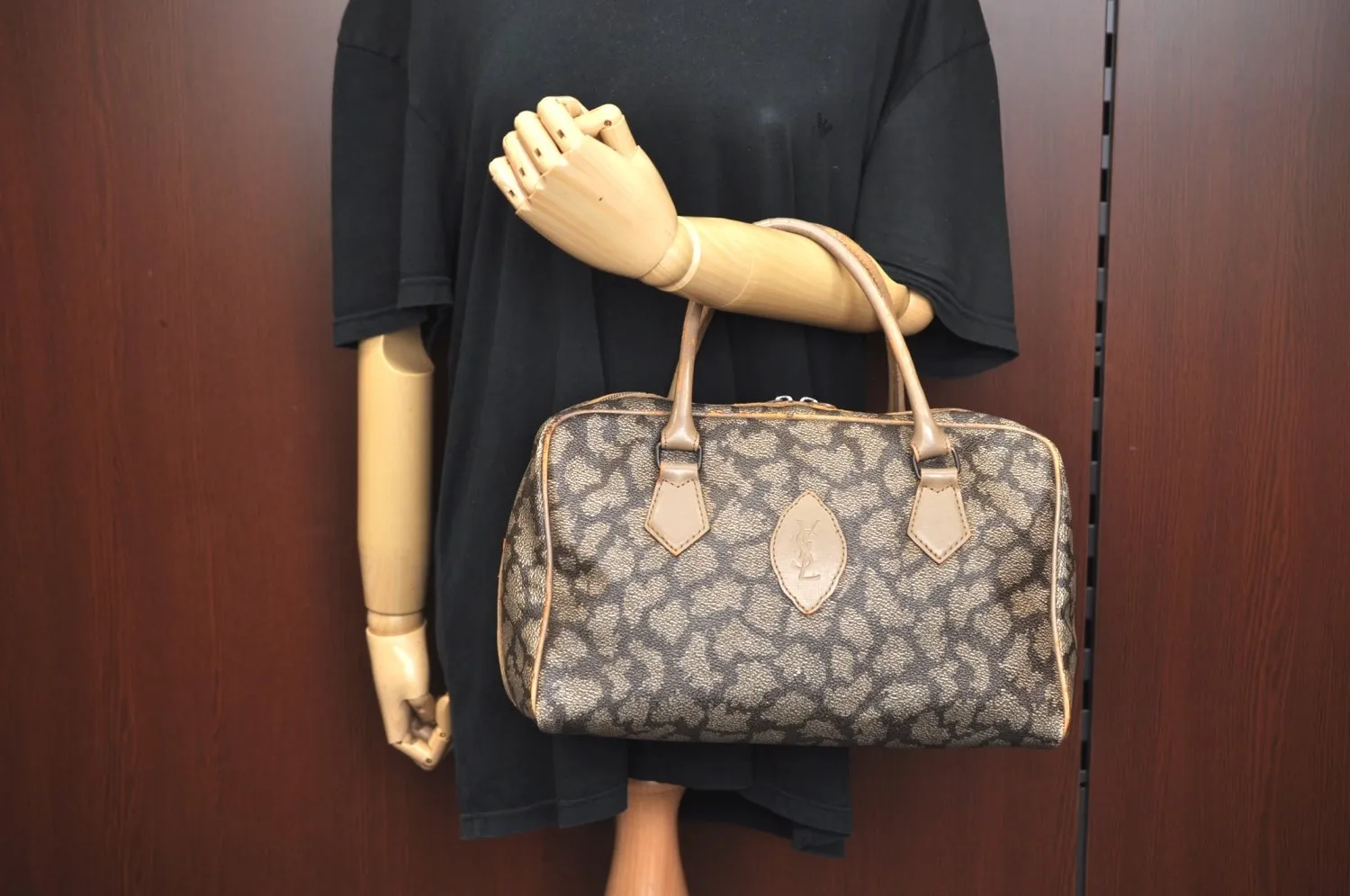 Authentic YVES SAINT LAURENT Vintage Hand Boston Bag PVC Leather Gray 3759I