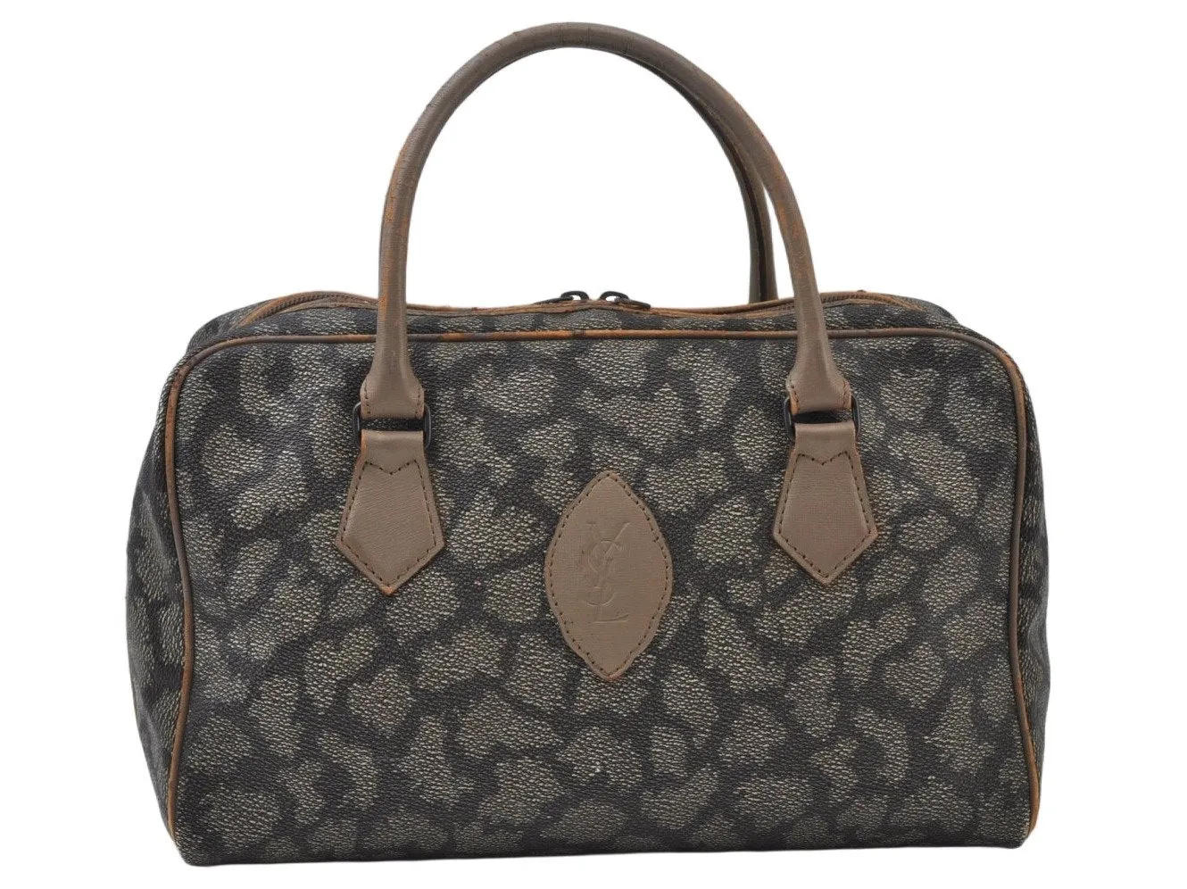 Authentic YVES SAINT LAURENT Vintage Hand Boston Bag PVC Leather Gray 3759I