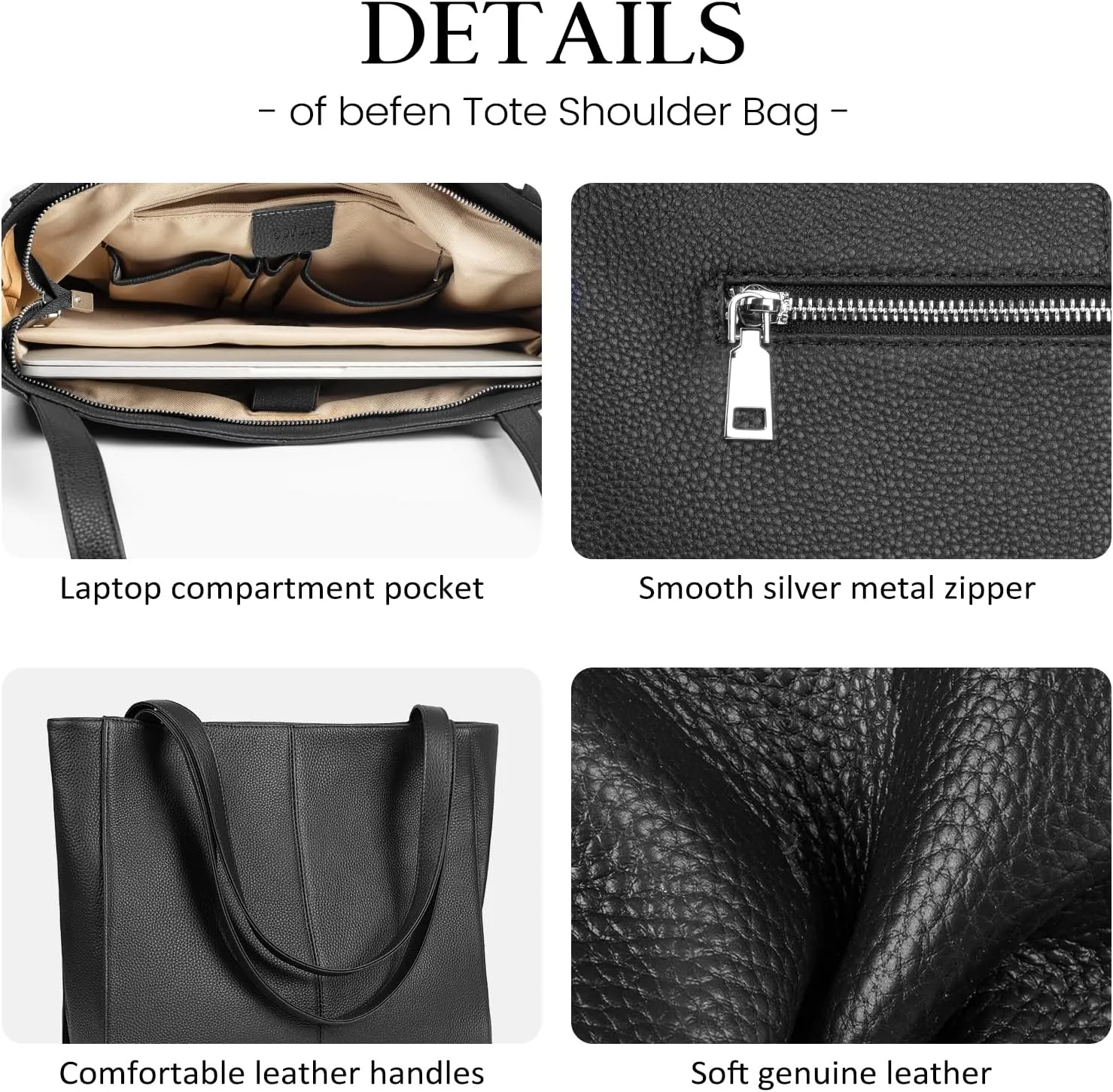 befen Genuine Leather Tote Bag for Women Work, Women's Leather Shoulder Bags Purses Satchel Handbags with Laptop Compartment
