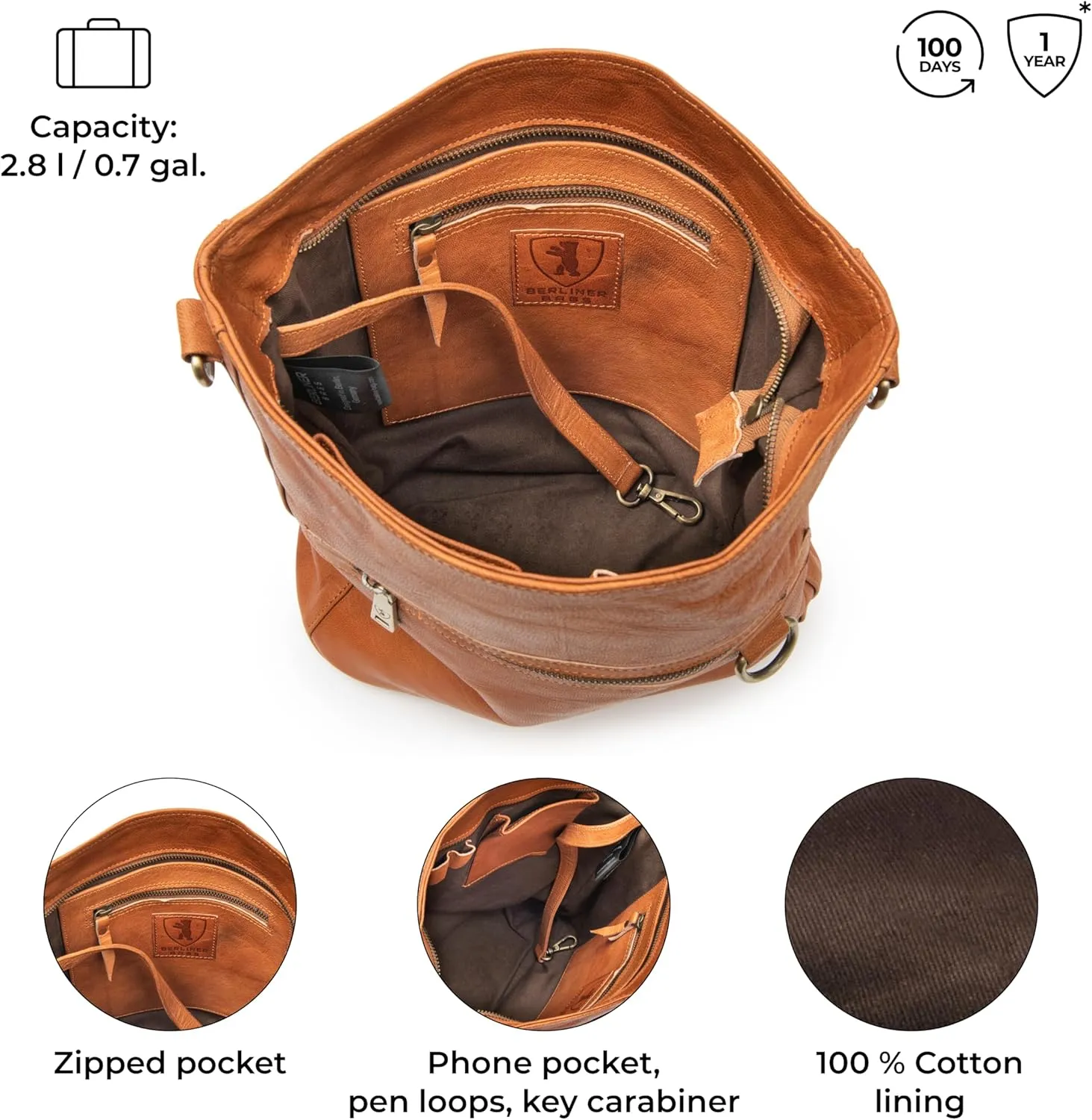 BERLINER BAGS Vintage Genuine Leather Shoulder Bag Siena, Handbag, Crossbody Bag for Women