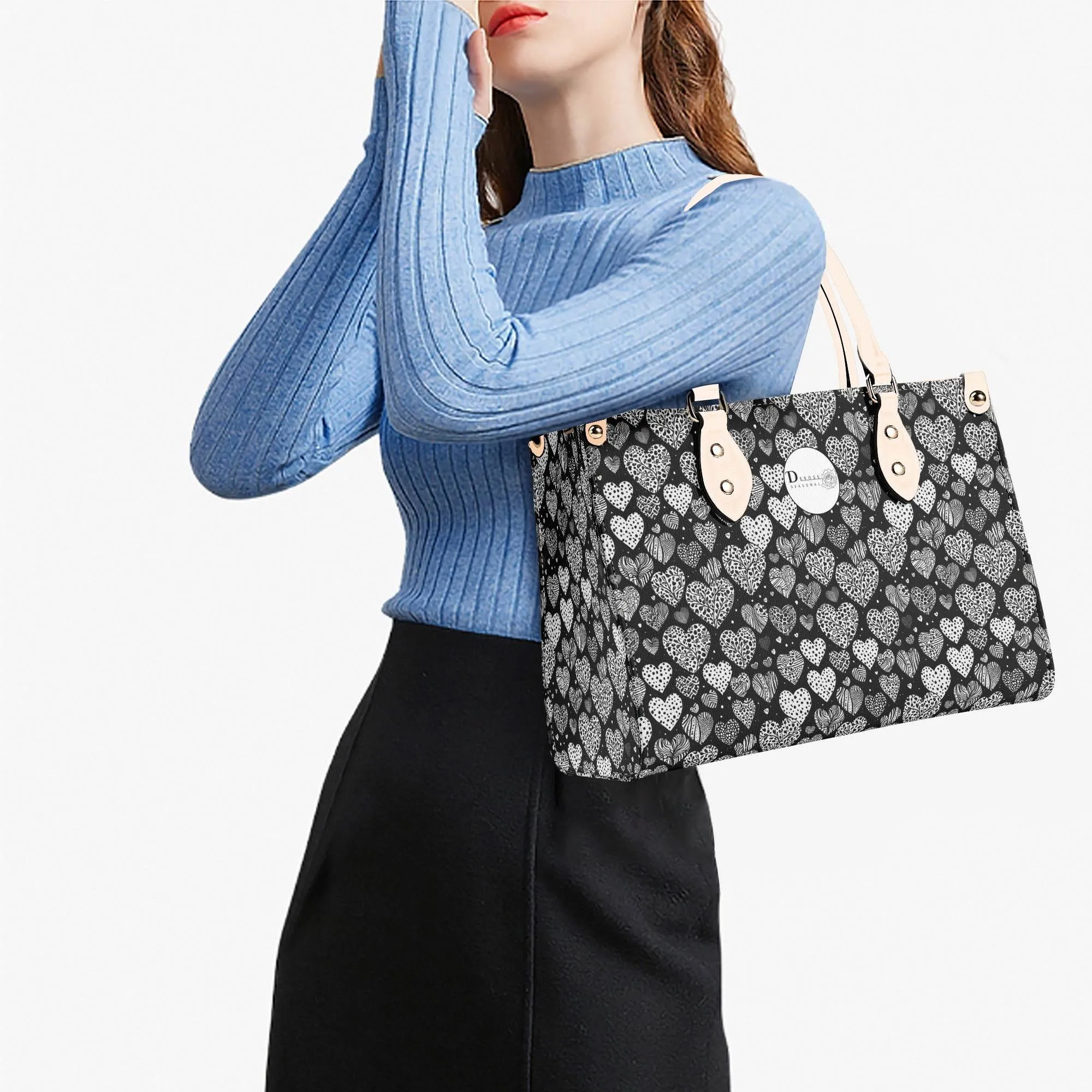 Black and White Hearts Luxury Women Leather Handbag (3 sizes)