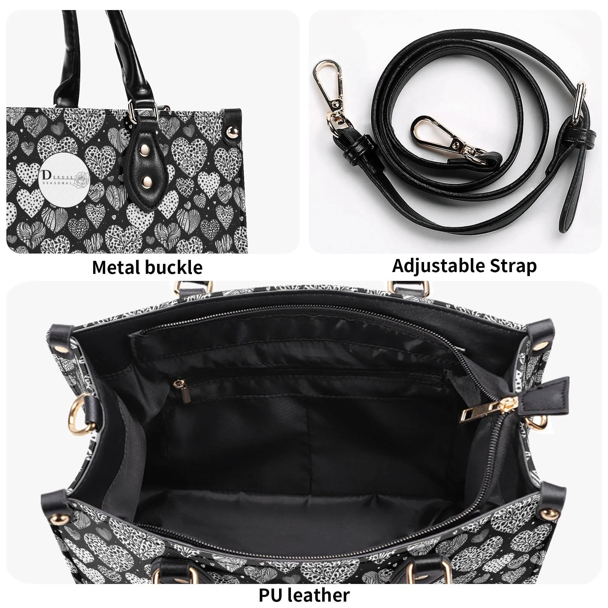 Black and White Hearts Luxury Women Leather Handbag (3 sizes)