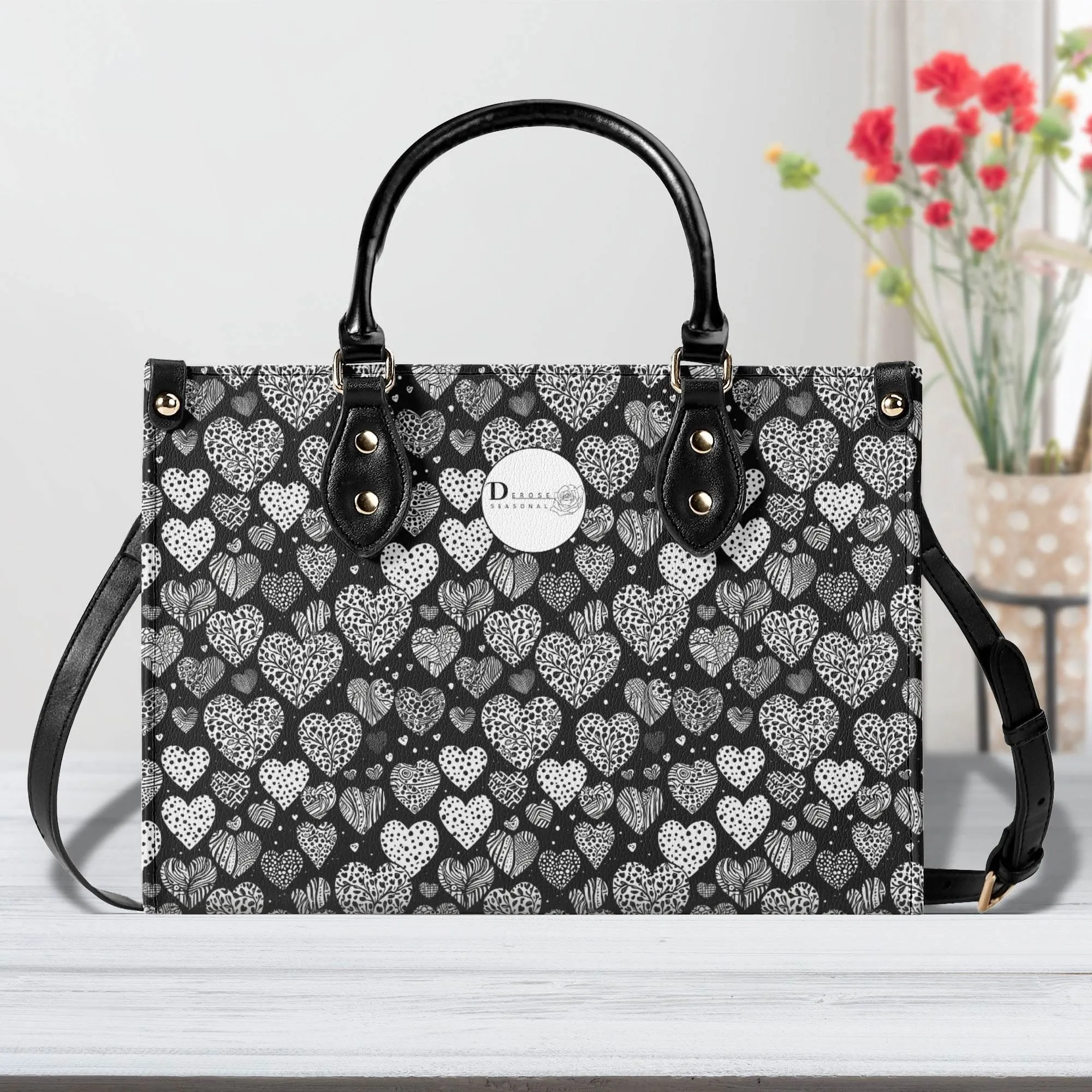 Black and White Hearts Luxury Women Leather Handbag (3 sizes)