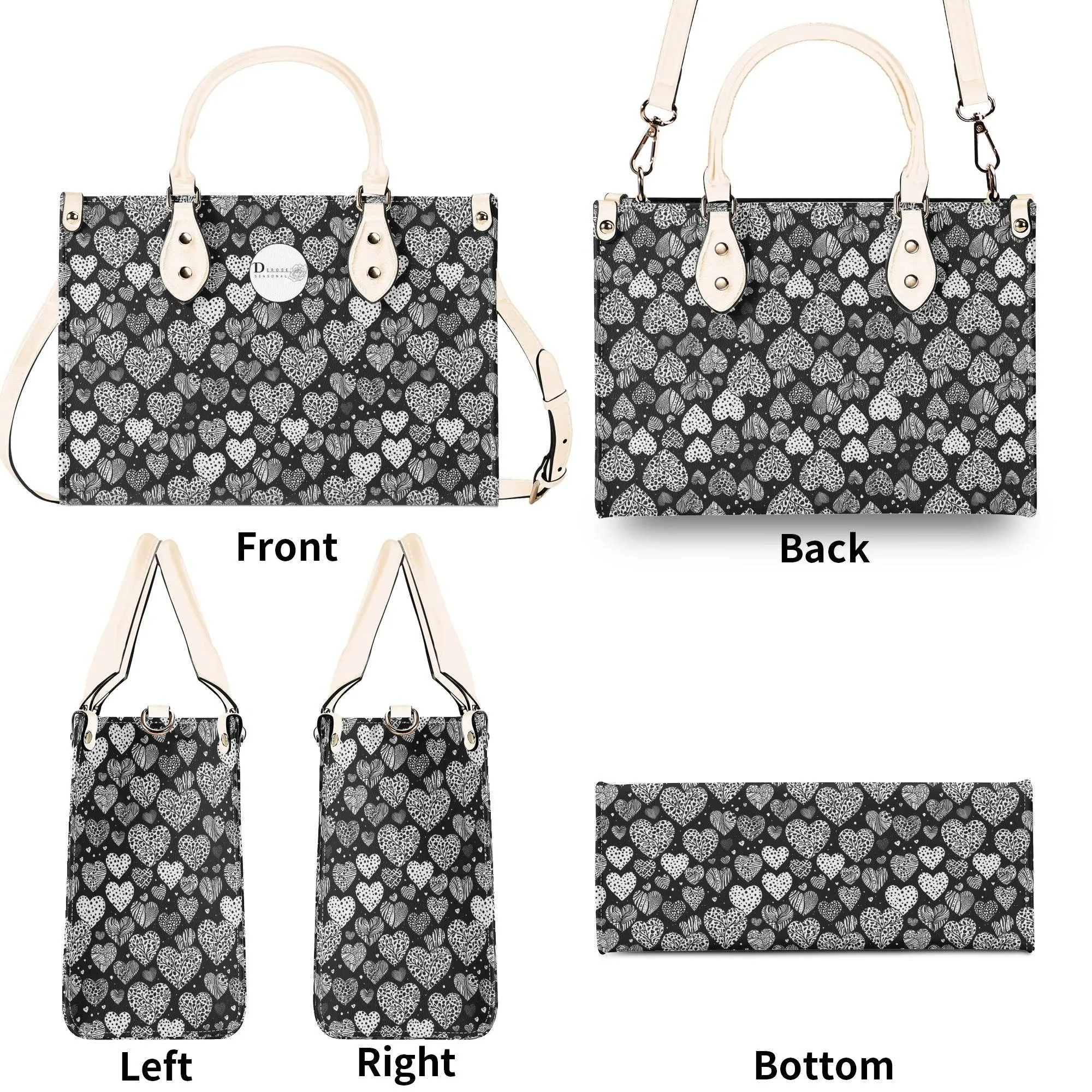 Black and White Hearts Luxury Women Leather Handbag (3 sizes)