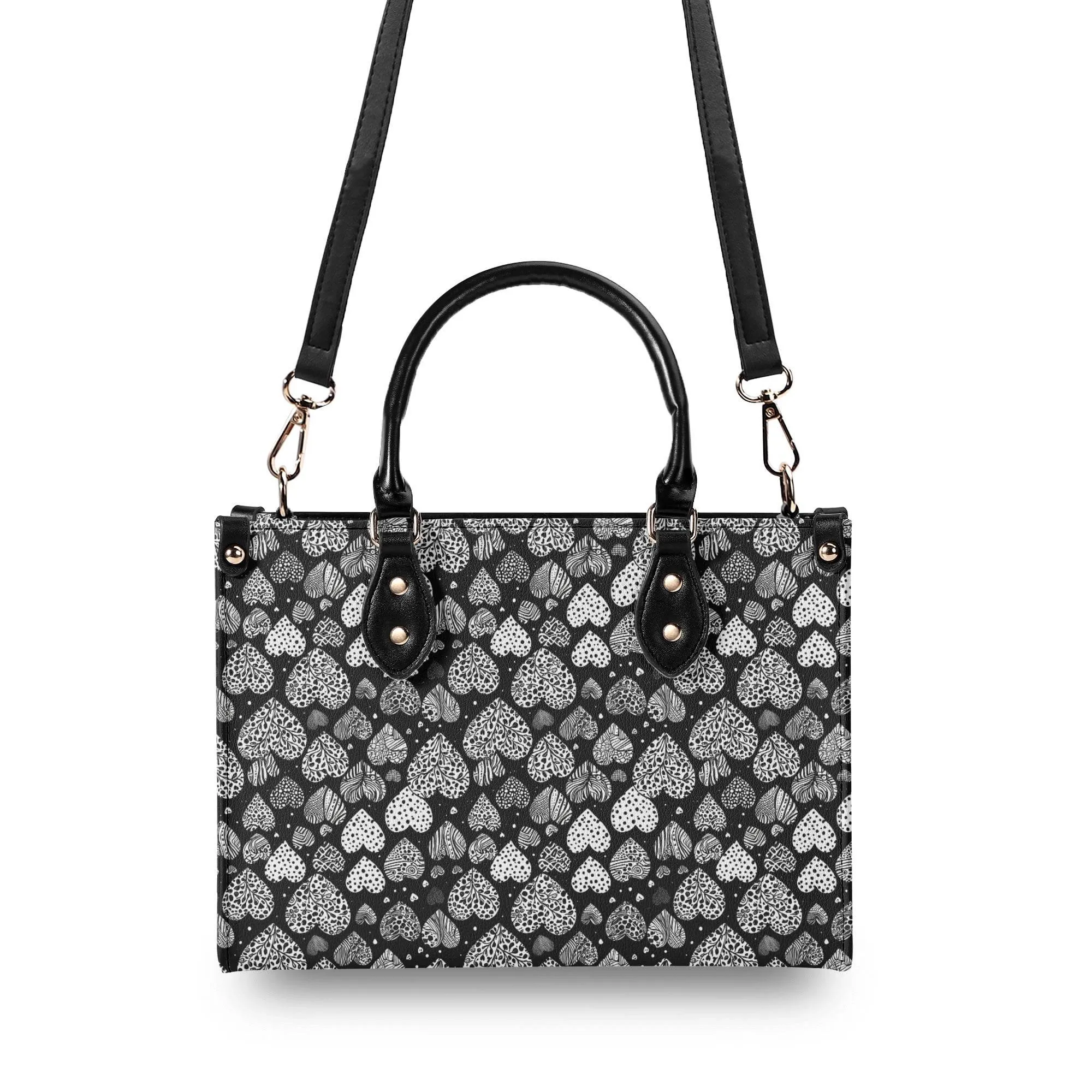 Black and White Hearts Luxury Women Leather Handbag (3 sizes)