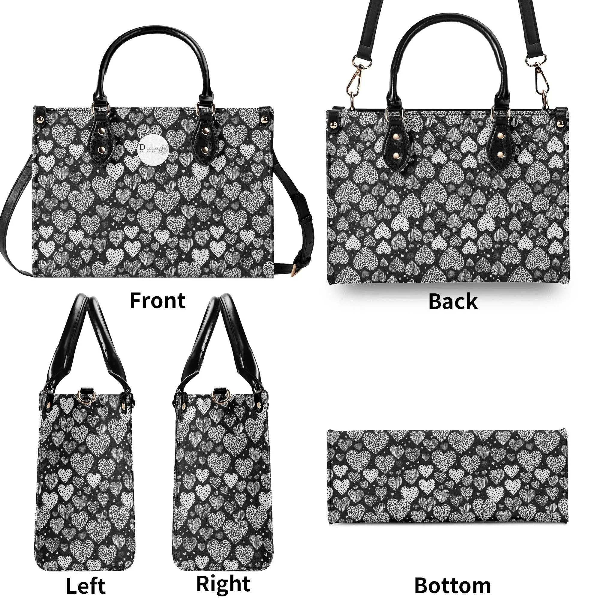 Black and White Hearts Luxury Women Leather Handbag (3 sizes)