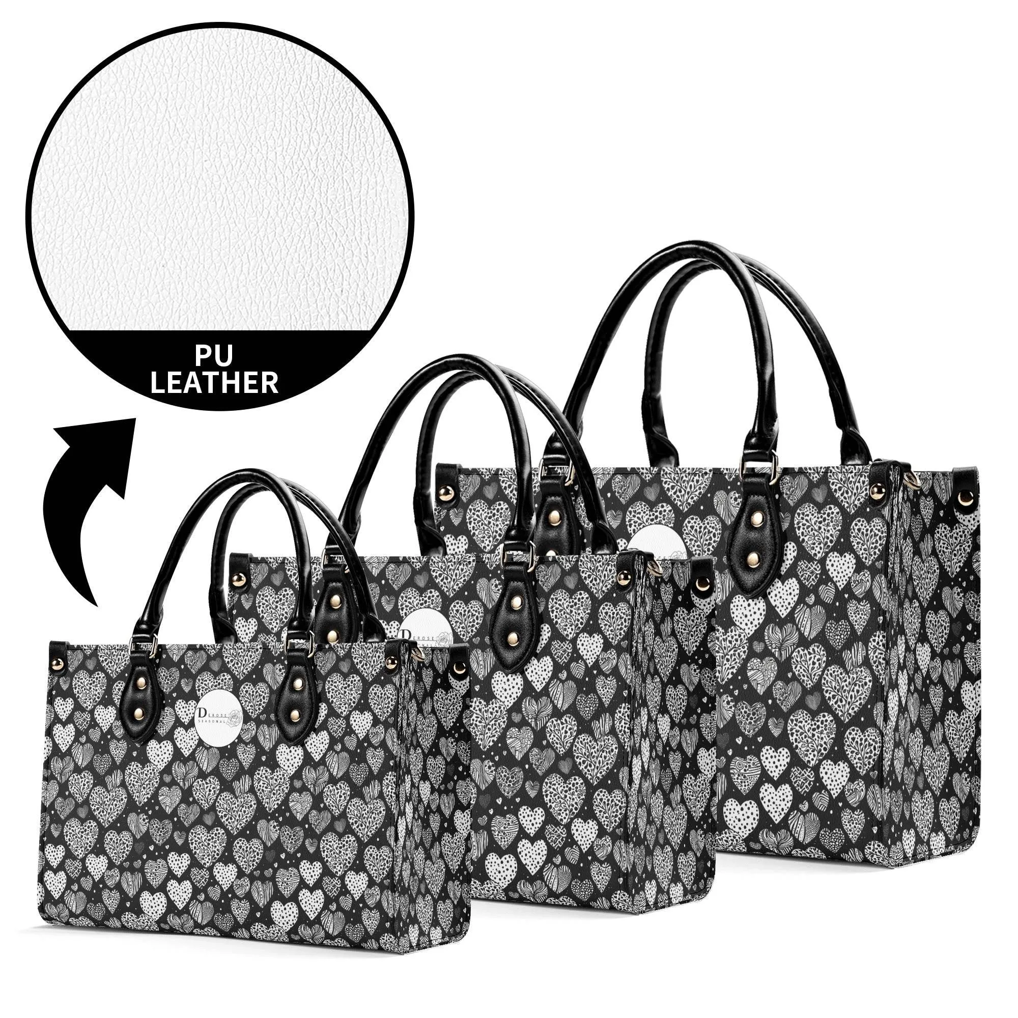 Black and White Hearts Luxury Women Leather Handbag (3 sizes)