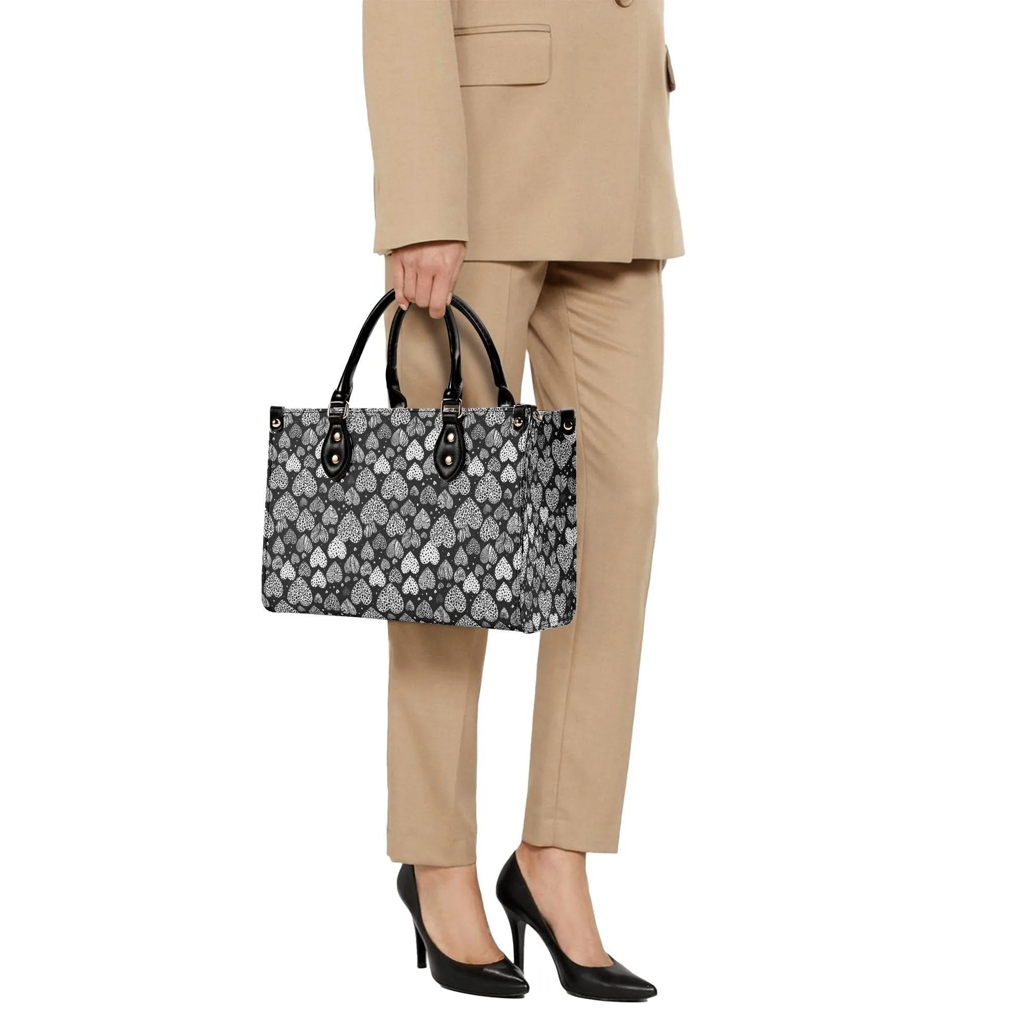 Black and White Hearts Luxury Women Leather Handbag (3 sizes)