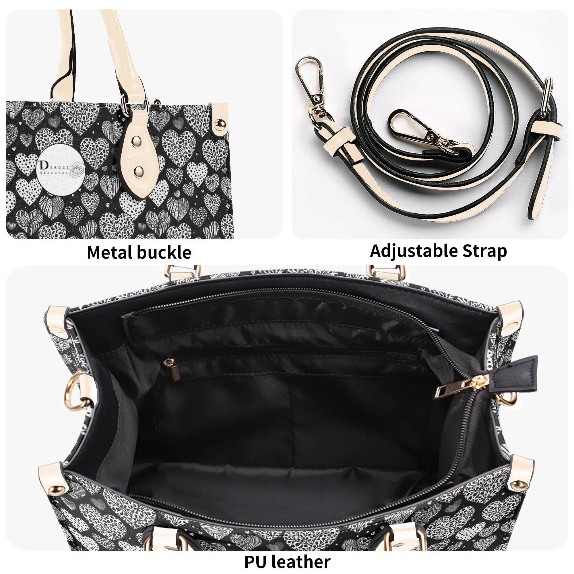 Black and White Hearts Luxury Women Leather Handbag (3 sizes)