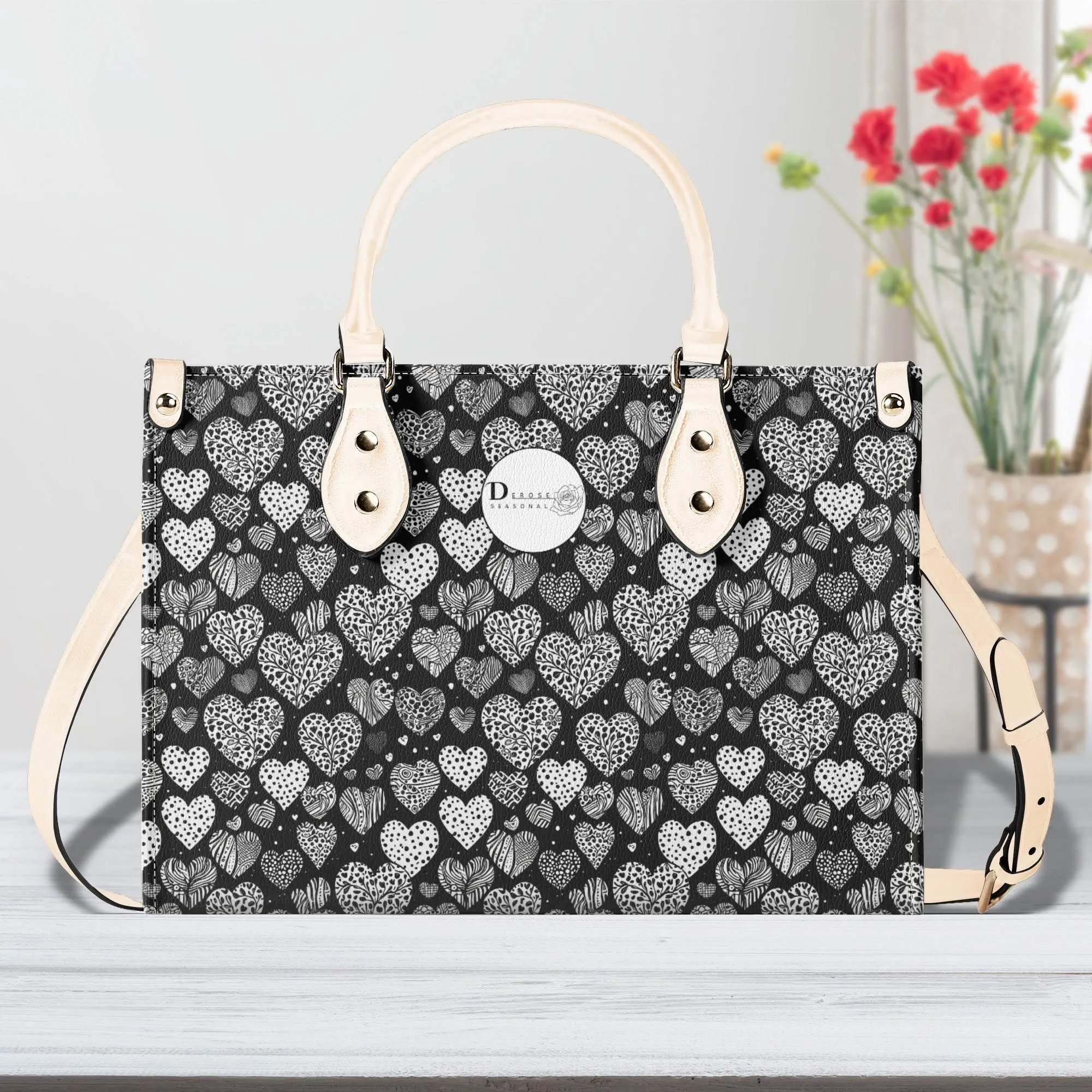 Black and White Hearts Luxury Women Leather Handbag (3 sizes)