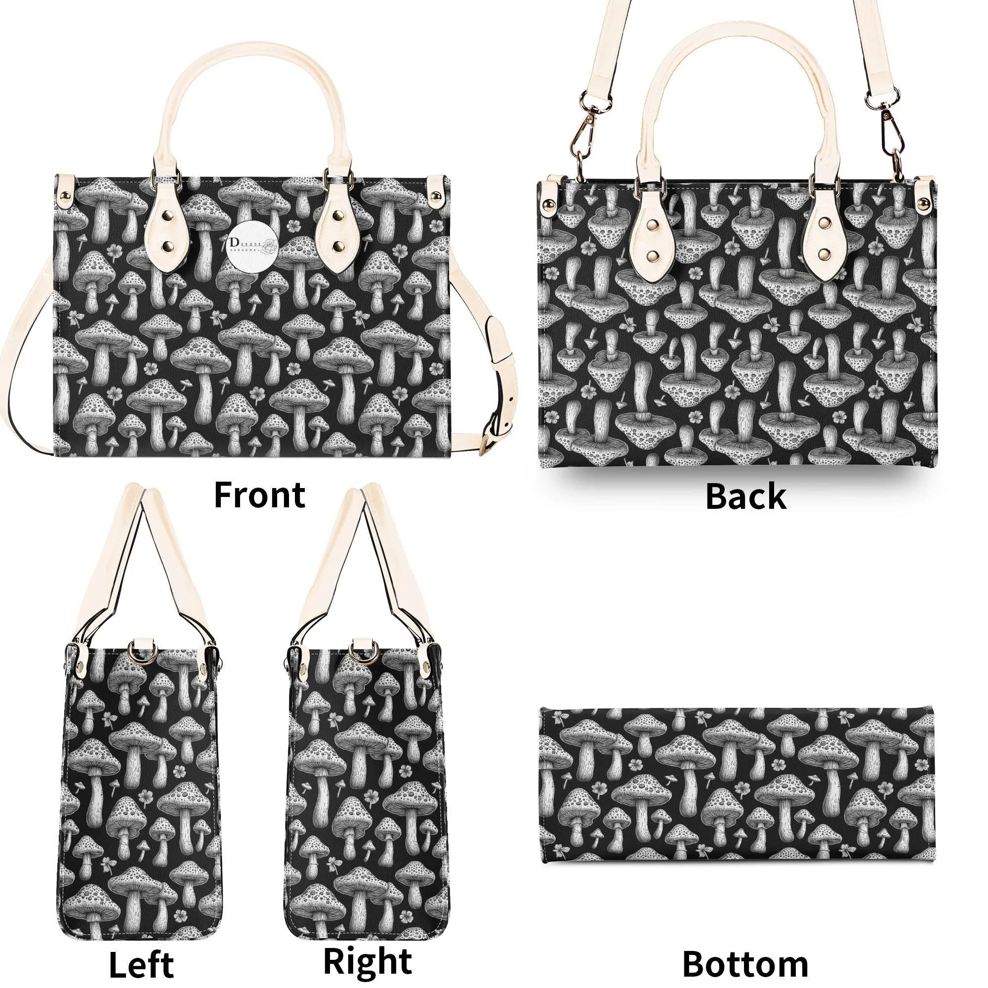 Black and White Mushroom Luxury Women Leather Handbag (3 sizes)
