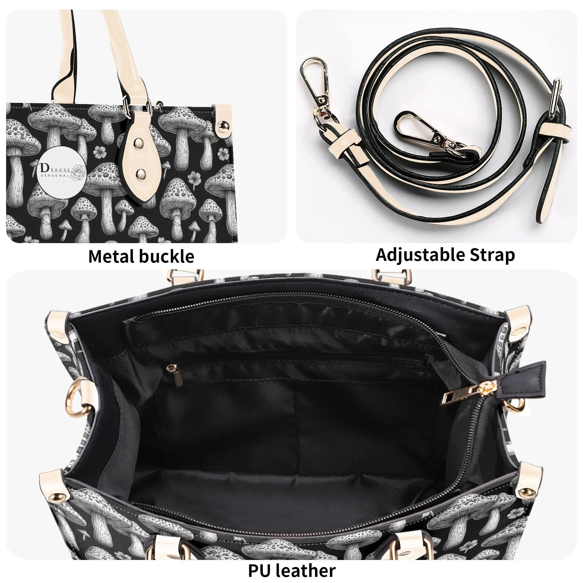 Black and White Mushroom Luxury Women Leather Handbag (3 sizes)