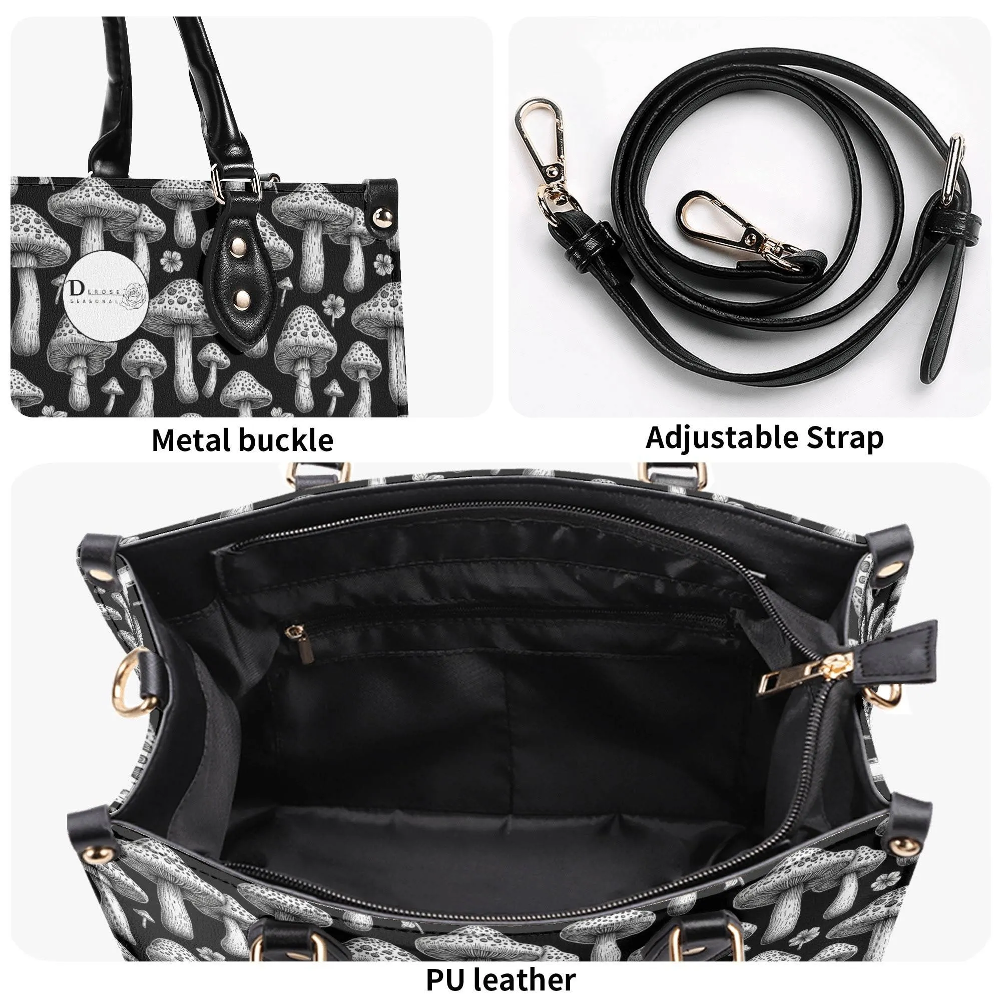 Black and White Mushroom Luxury Women Leather Handbag (3 sizes)