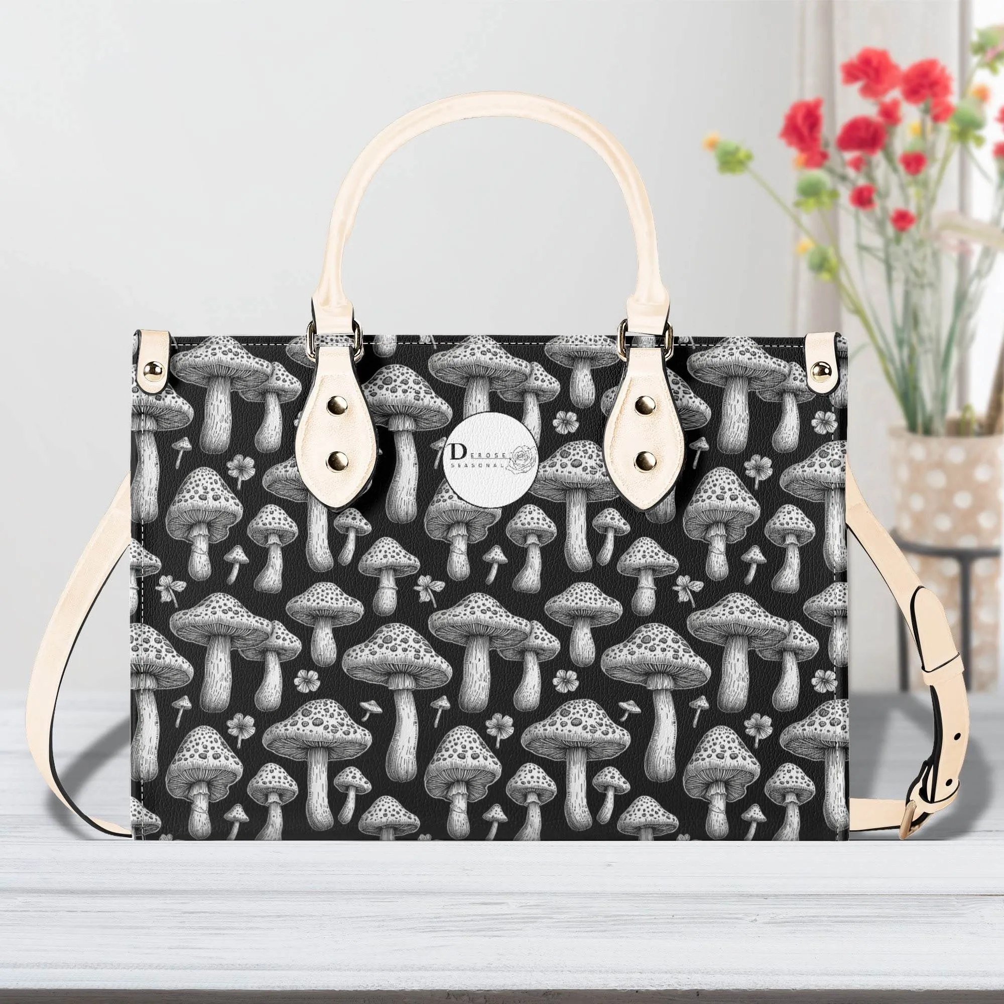 Black and White Mushroom Luxury Women Leather Handbag (3 sizes)