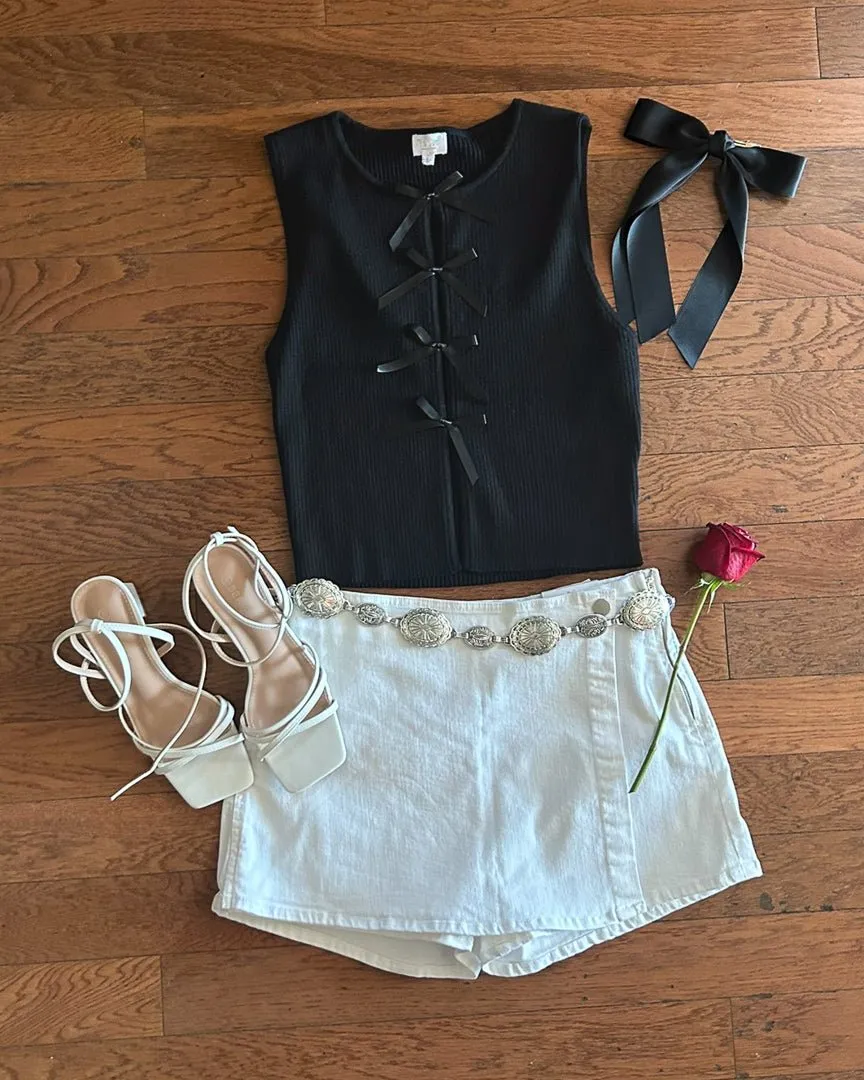 Black Coquette Ribbed Knit Tie Front Sleeveless Tank Top