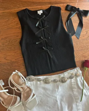 Black Coquette Ribbed Knit Tie Front Sleeveless Tank Top