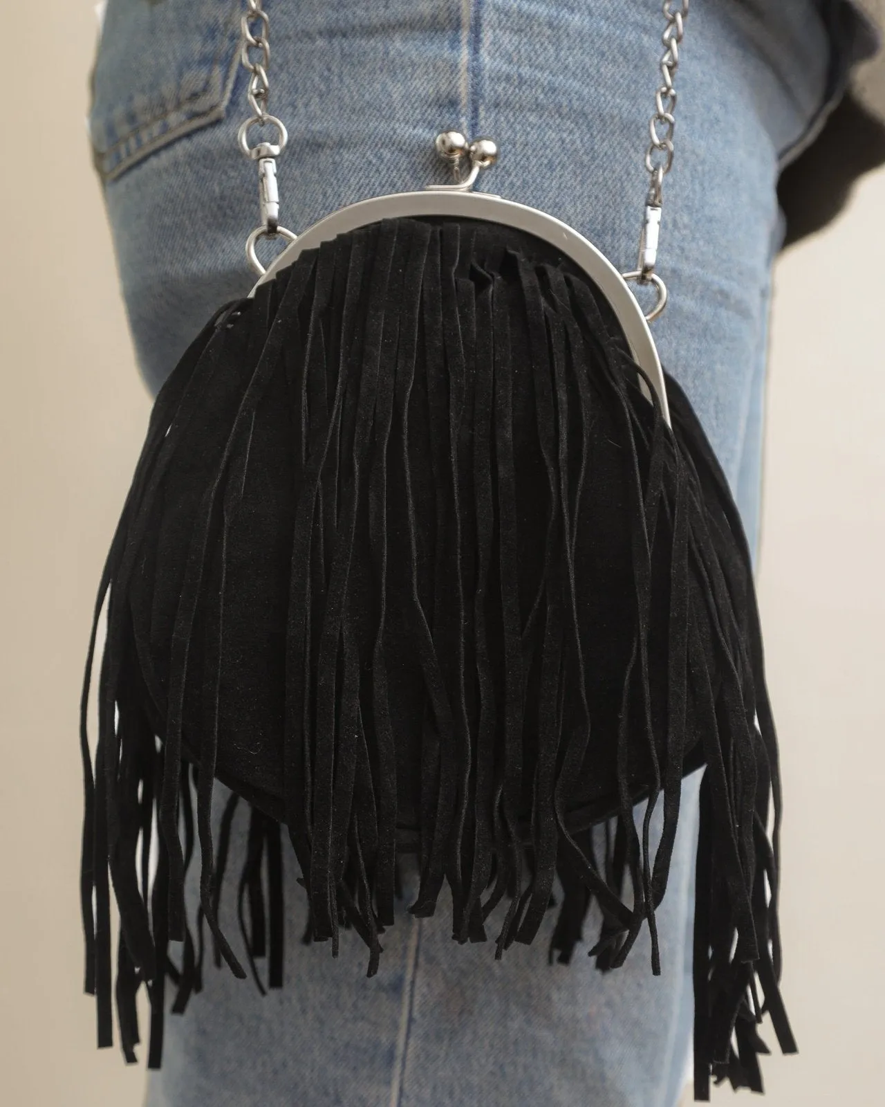 Black Faux Leather Round Fringe Purse With Chain Strap