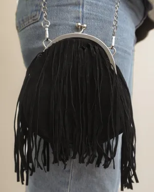 Black Faux Leather Round Fringe Purse With Chain Strap