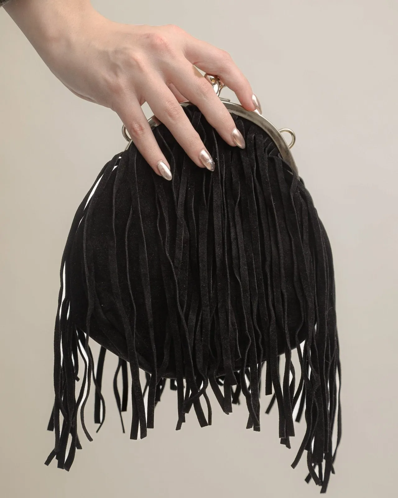 Black Faux Leather Round Fringe Purse With Chain Strap