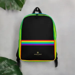 Black Rainbow Stripe Backpack, Gay Pride Striped Minimalist Laptop Backpack- Made in EU