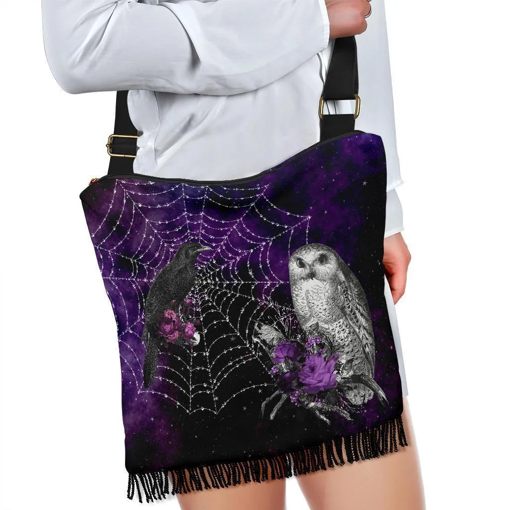 Boho Bag (Canvas) - Goth #33 Raven and Owl | Hobo Slouchy Bag Crossbody, Shoulder Bags for Women Hobo, Pattern Hobo Bag