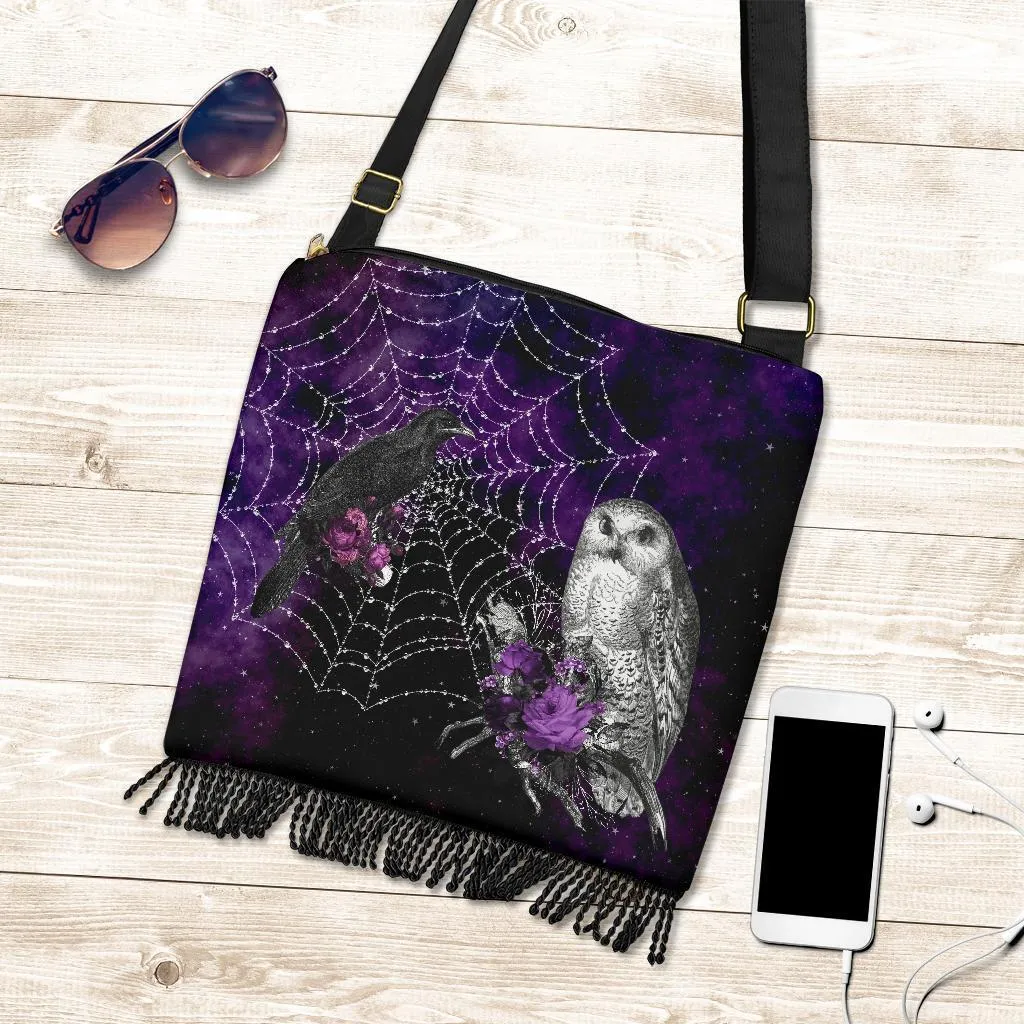 Boho Bag (Canvas) - Goth #33 Raven and Owl | Hobo Slouchy Bag Crossbody, Shoulder Bags for Women Hobo, Pattern Hobo Bag