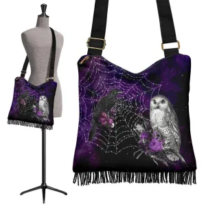 Boho Bag (Canvas) - Goth #33 Raven and Owl | Hobo Slouchy Bag Crossbody, Shoulder Bags for Women Hobo, Pattern Hobo Bag