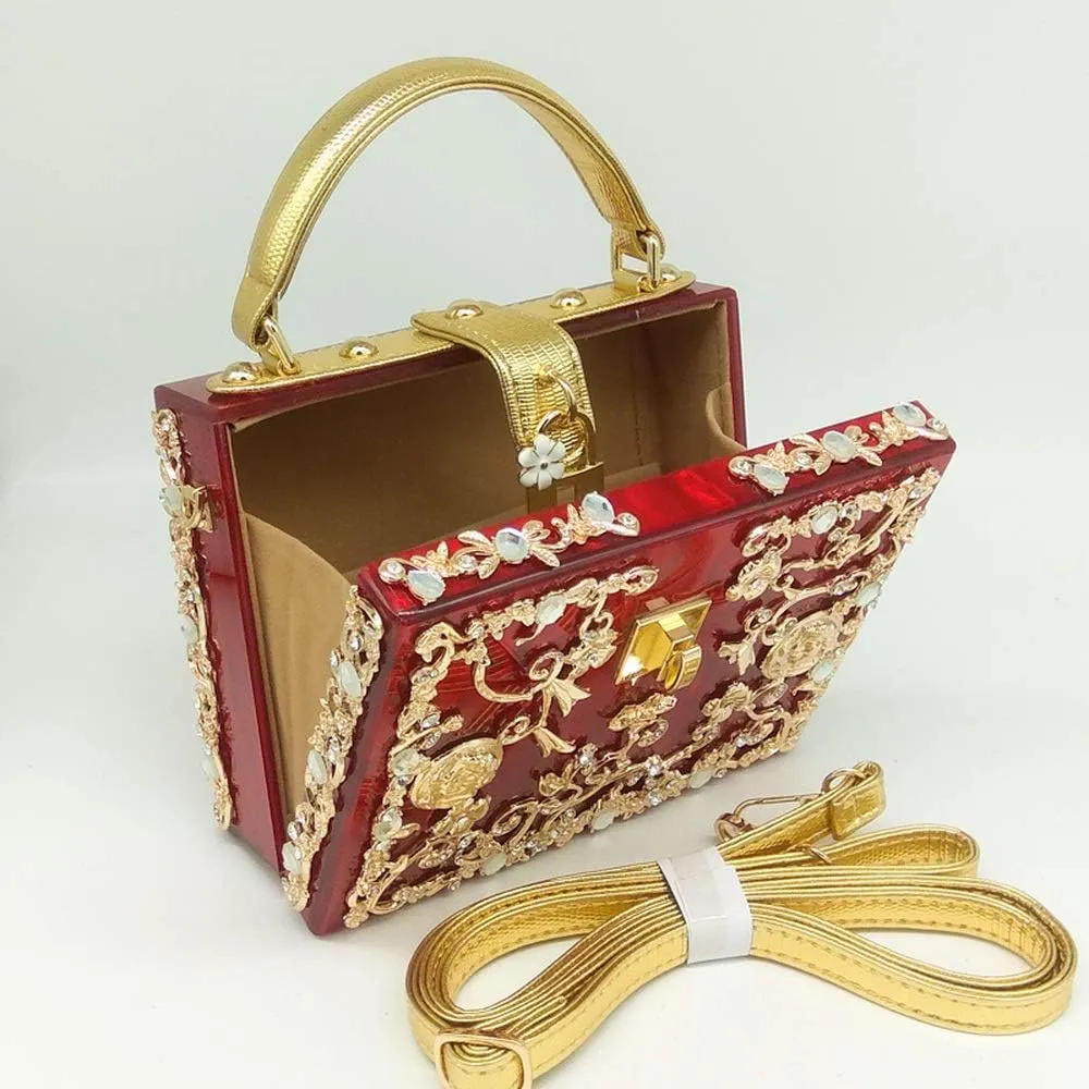 Boutique De FGG Acrylic & Flower Designer Shoulder Bags for Women Crossbody Bag Rhinestones Box Tote Evening Handbags,Small
