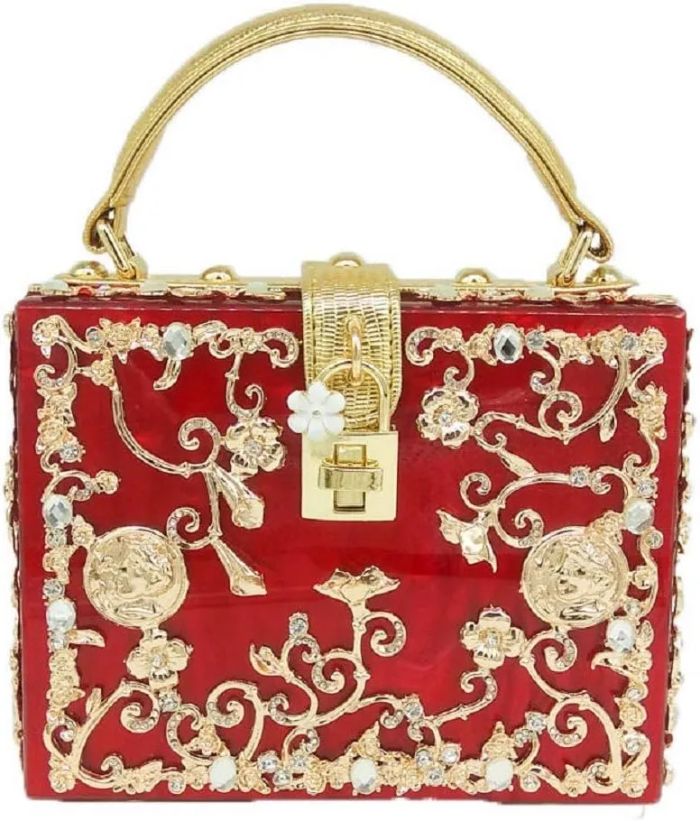 Boutique De FGG Acrylic & Flower Designer Shoulder Bags for Women Crossbody Bag Rhinestones Box Tote Evening Handbags,Small