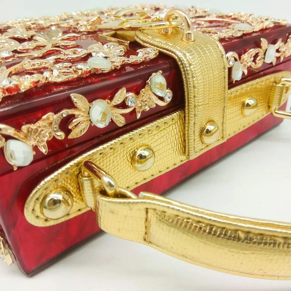 Boutique De FGG Acrylic & Flower Designer Shoulder Bags for Women Crossbody Bag Rhinestones Box Tote Evening Handbags,Small