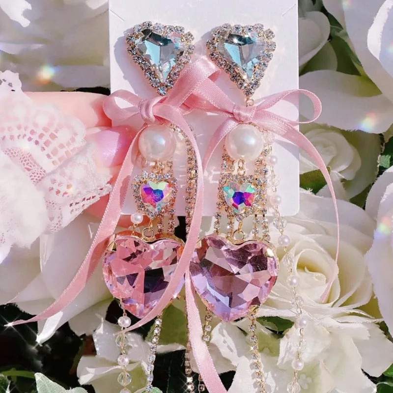 Bowknot Heart Crystal Long Tassel Drop Earrings