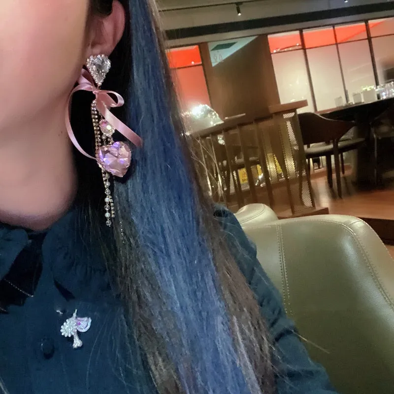 Bowknot Heart Crystal Long Tassel Drop Earrings