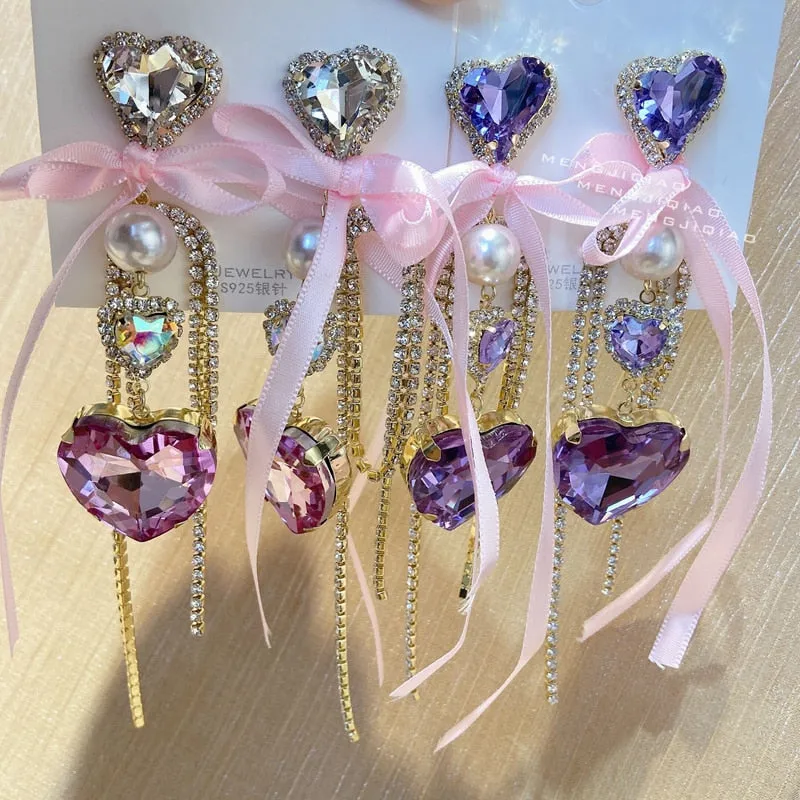 Bowknot Heart Crystal Long Tassel Drop Earrings