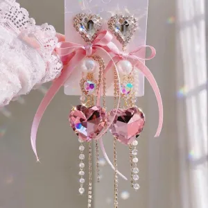 Bowknot Heart Crystal Long Tassel Drop Earrings