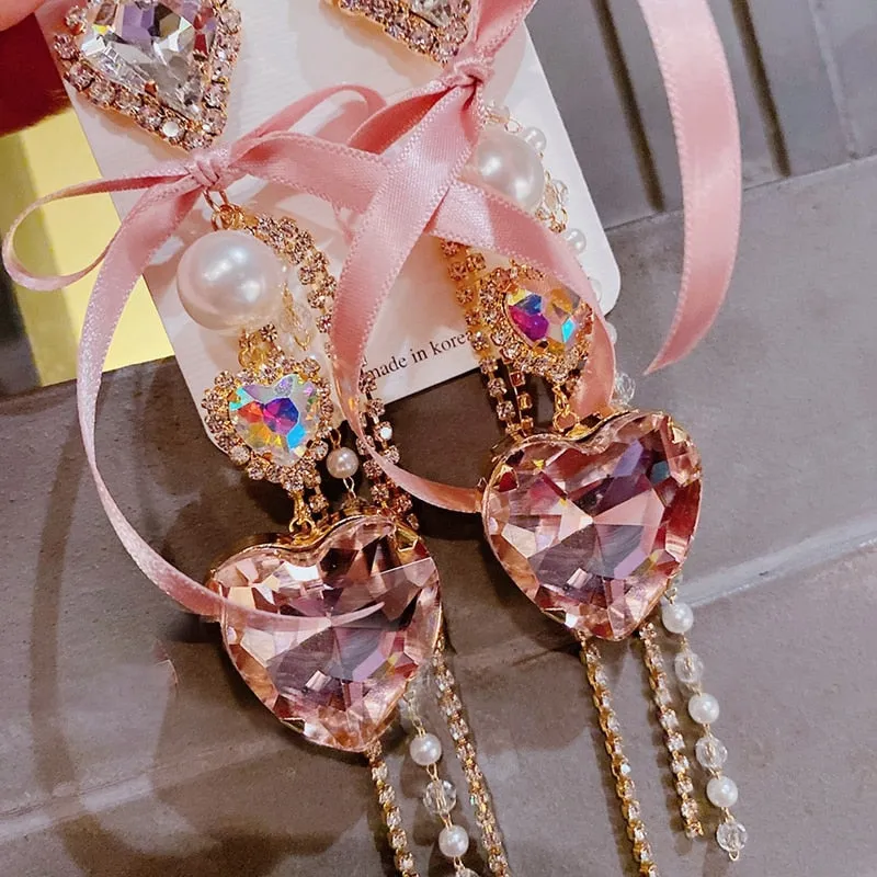 Bowknot Heart Crystal Long Tassel Drop Earrings
