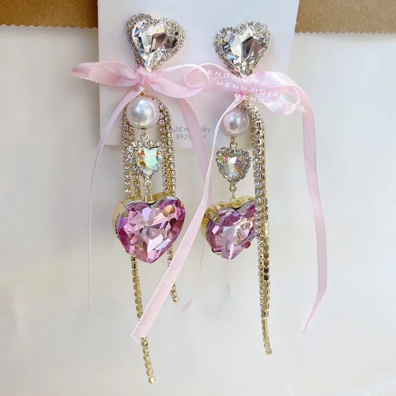 Bowknot Heart Crystal Long Tassel Drop Earrings