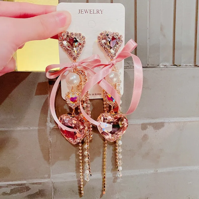 Bowknot Heart Crystal Long Tassel Drop Earrings
