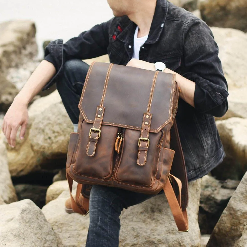 Brown Leather Backpack Vintage for 17" Laptop