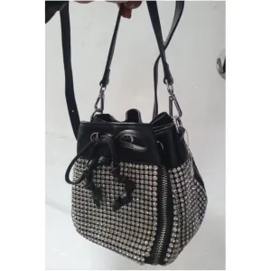Bucket Luxury Crystal Top Handle Faux Leather Crossbody Shoulder Bag.